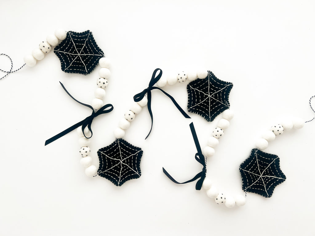 Black Spider Web Felt Ball Garland with Black Velvet Bows and decorative Felt Balls Banner Bunting