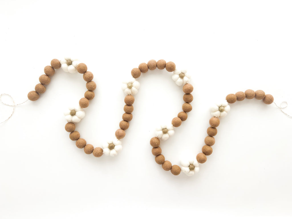 Ivory Pumpkin Felt Ball Garland Banner Bunting with Tan Brown 