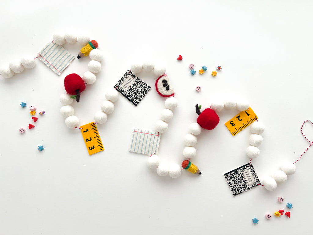 School Days Felt Ball Garland with Apples Pencils Notebook Ruler Bunting Banner