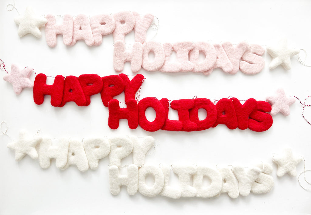 Happy Holidays Felt Letter Garland Red Pink White with Stars